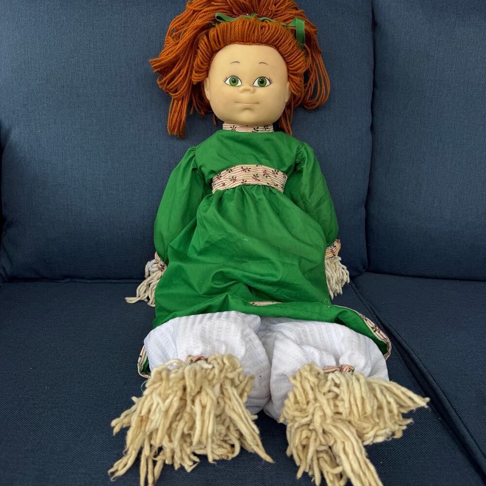 Vintage Mop Head Doll Rag Handmade Red Yarn Hair Green Eyes Folk Art Grandmacore